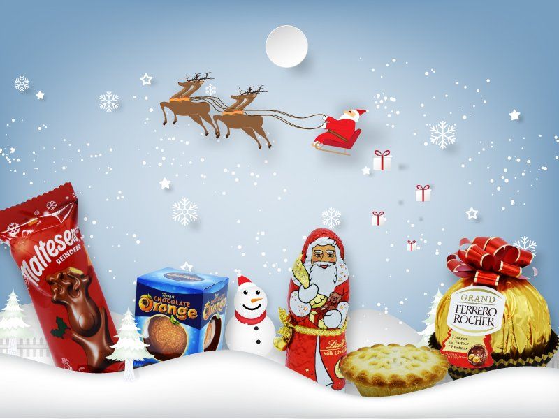 A christmas scene with santa claus being pulled by two reindeer