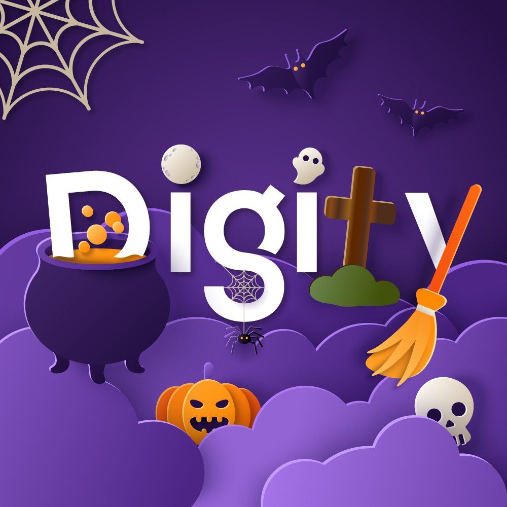 A purple background with a cauldron , bats , spiders , pumpkins and a broom.