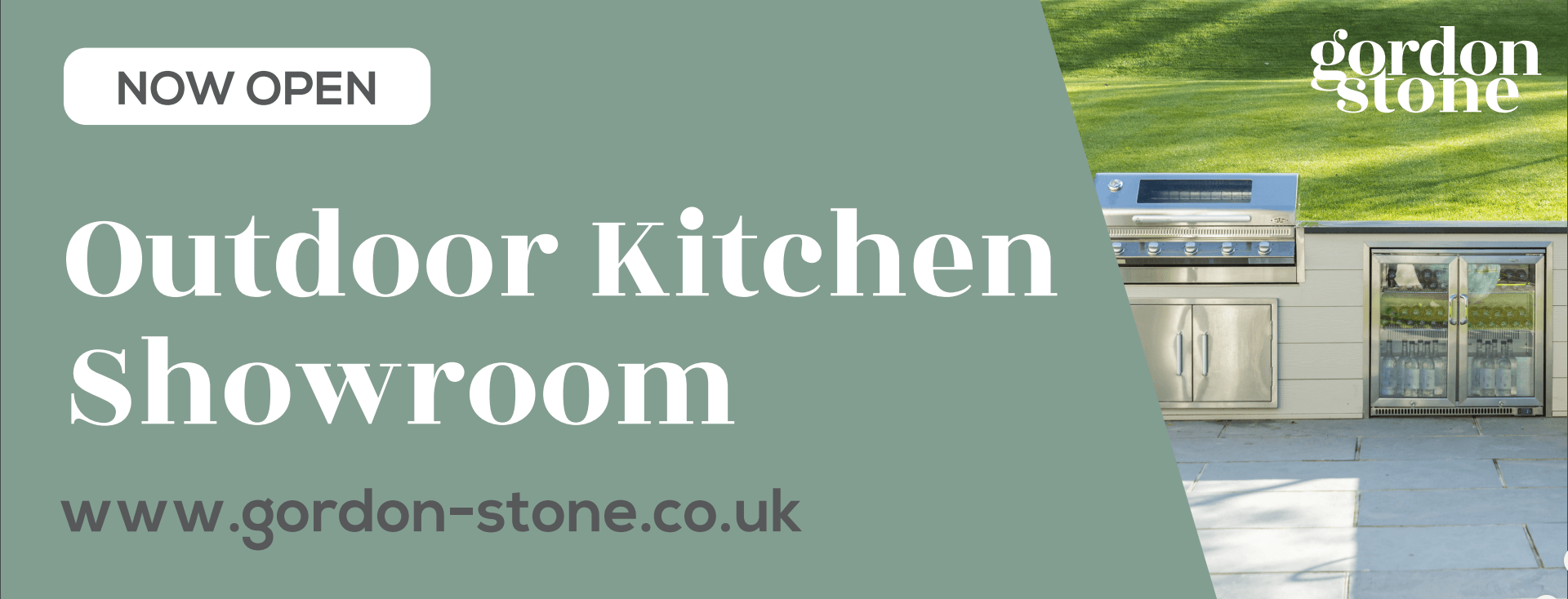 a banner for an outdoor kitchen showroom with a picture of a kitchen.