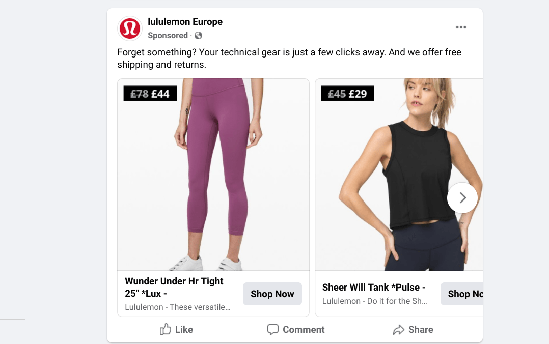 A facebook post shows a woman wearing purple leggings and a black tank top.