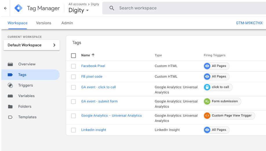 A screenshot of the tag manager dashboard showing a list of tags.