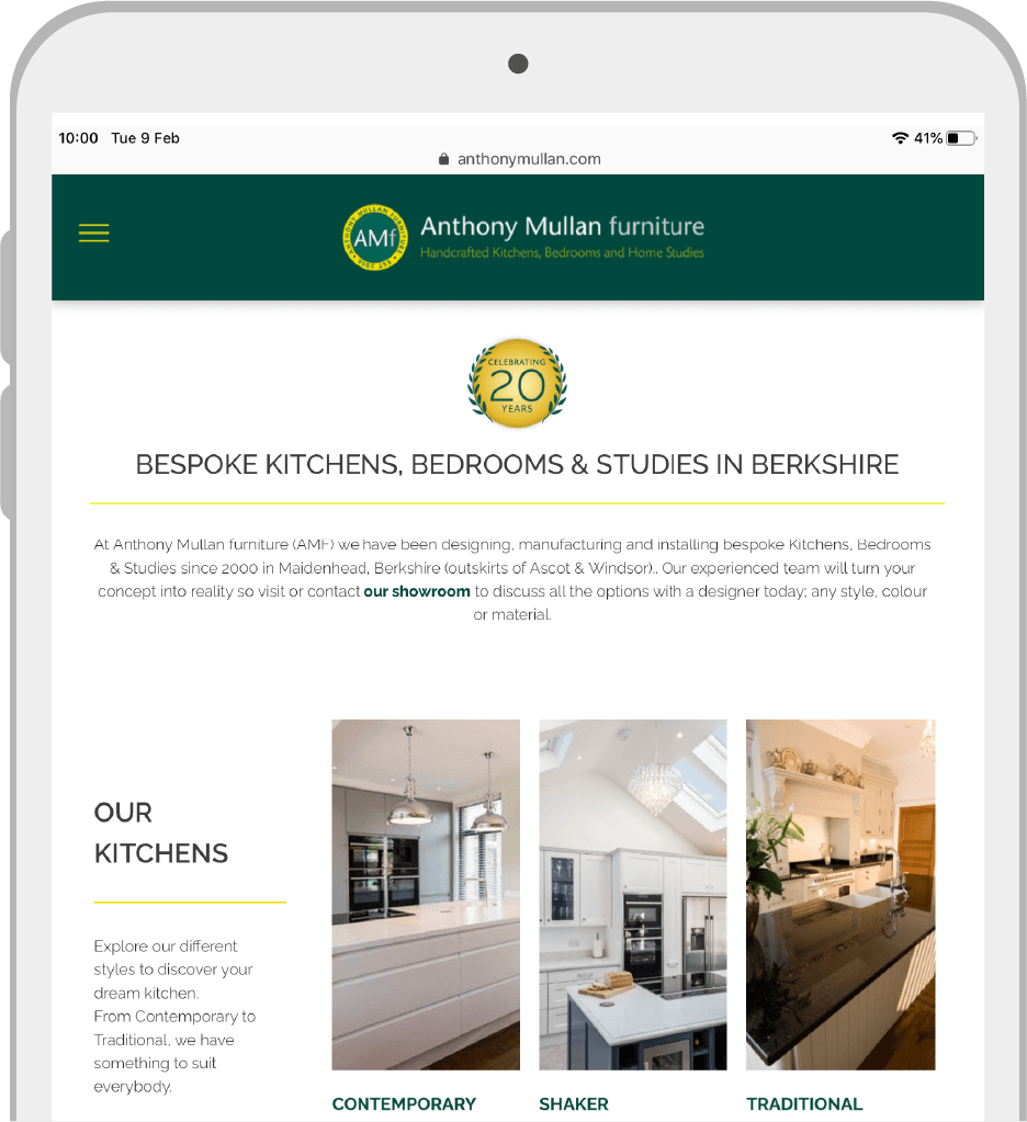 A tablet with a website on it that says `` our kitchens ''.