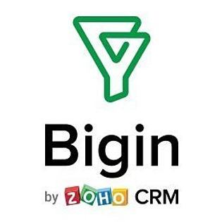 A logo for bigin by zoho crm with a green triangle on a white background.