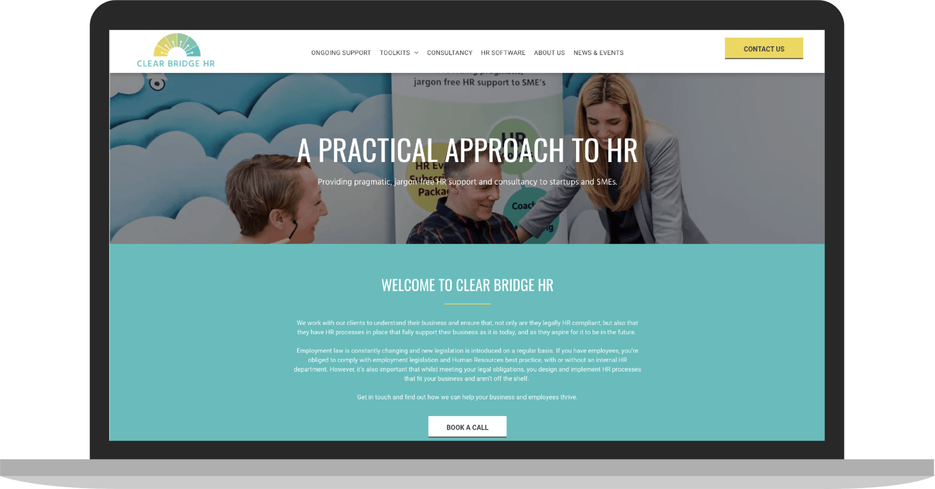 A laptop computer is open to a website that says `` a practical approach to hr ''.