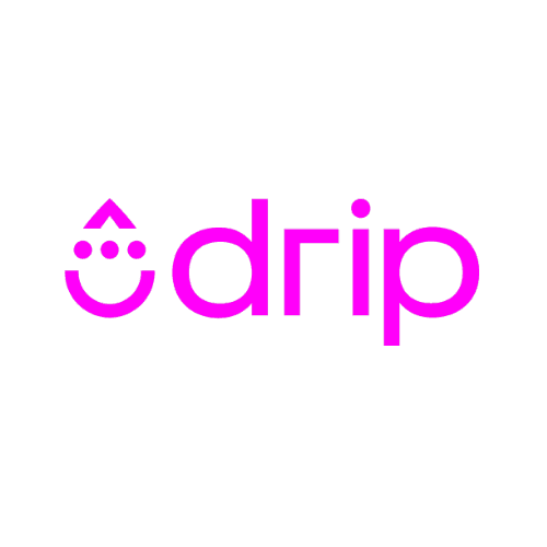 A pink drip logo with a smiley face on a white background.