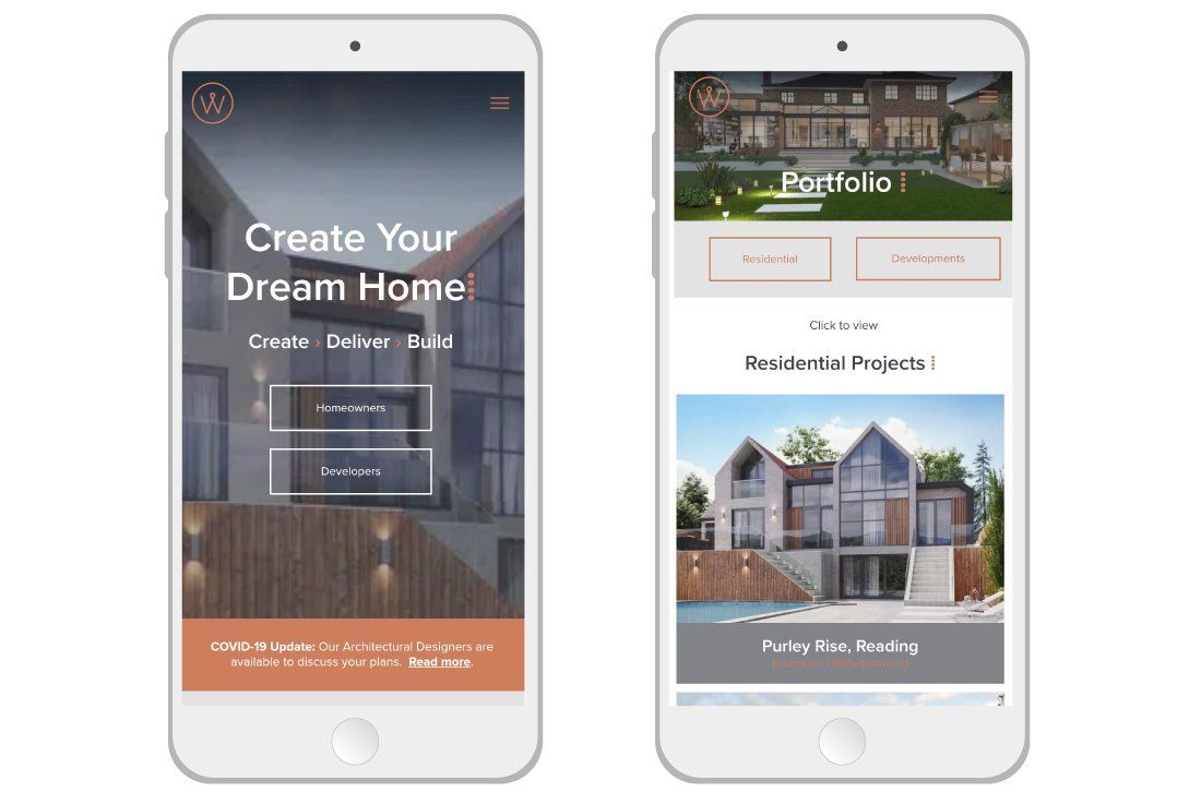 Two cell phones are displaying a website that says `` create your dream home ''.
