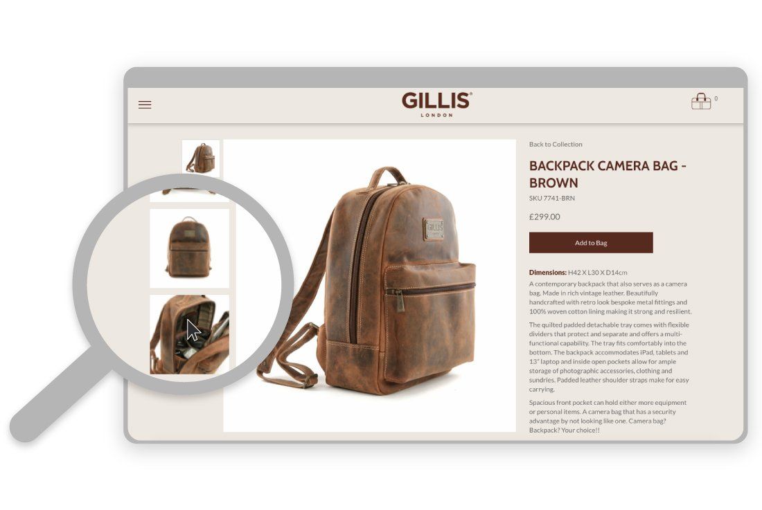 A magnifying glass is looking at a picture of a backpack on a website.
