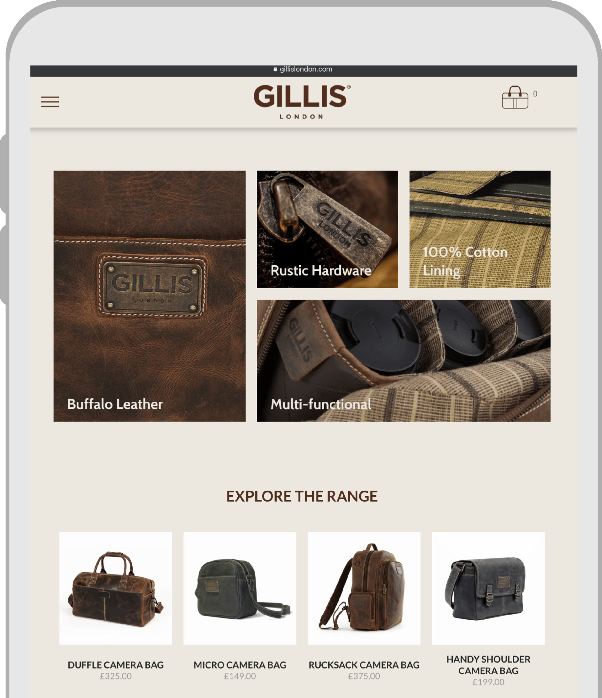 A tablet with a gillis website open on it.