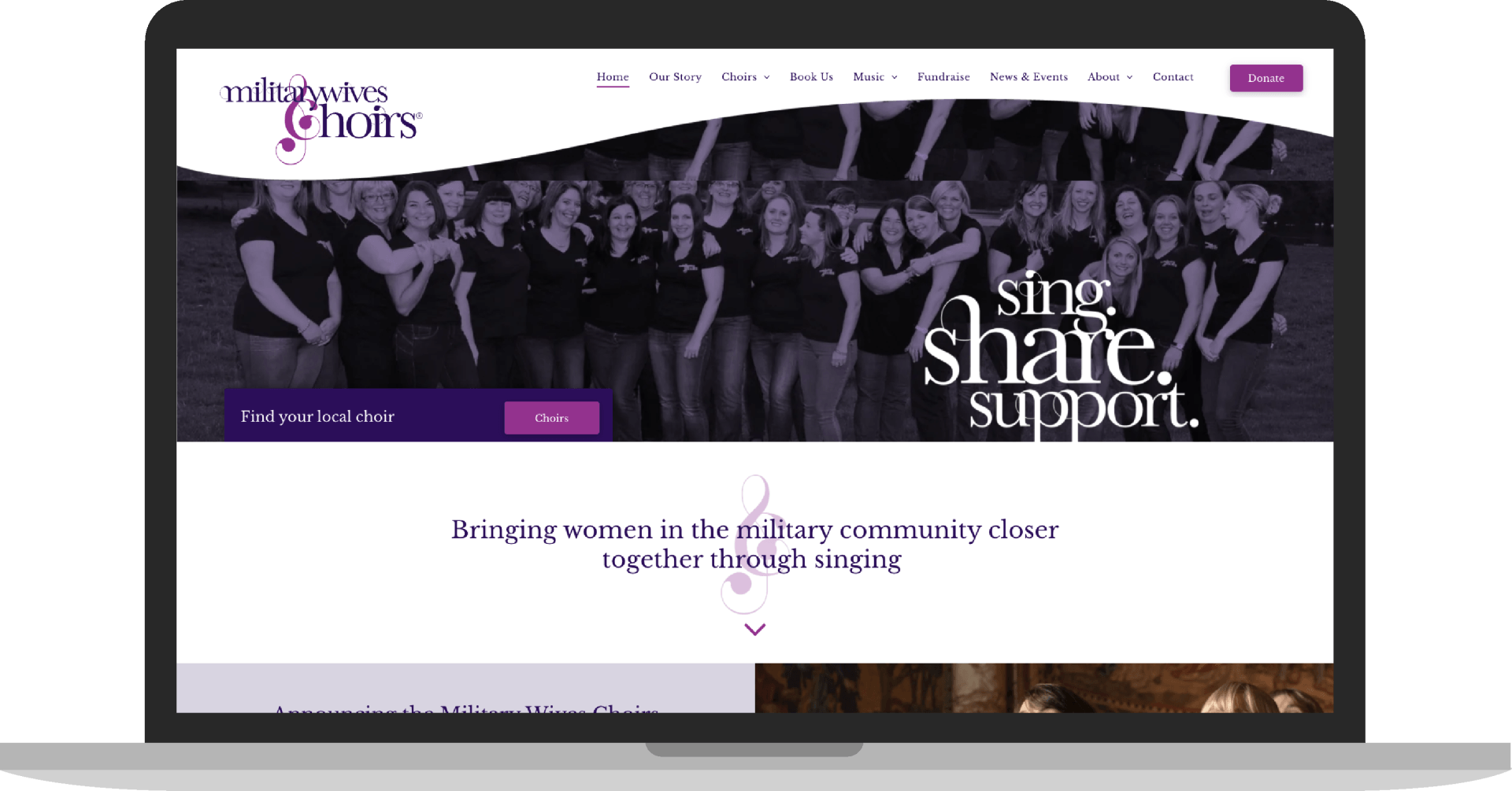 A laptop computer is open to a website that says sing share support.