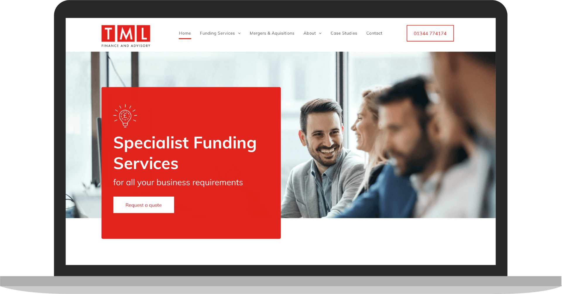A laptop computer is open to a website for specialist funding services.