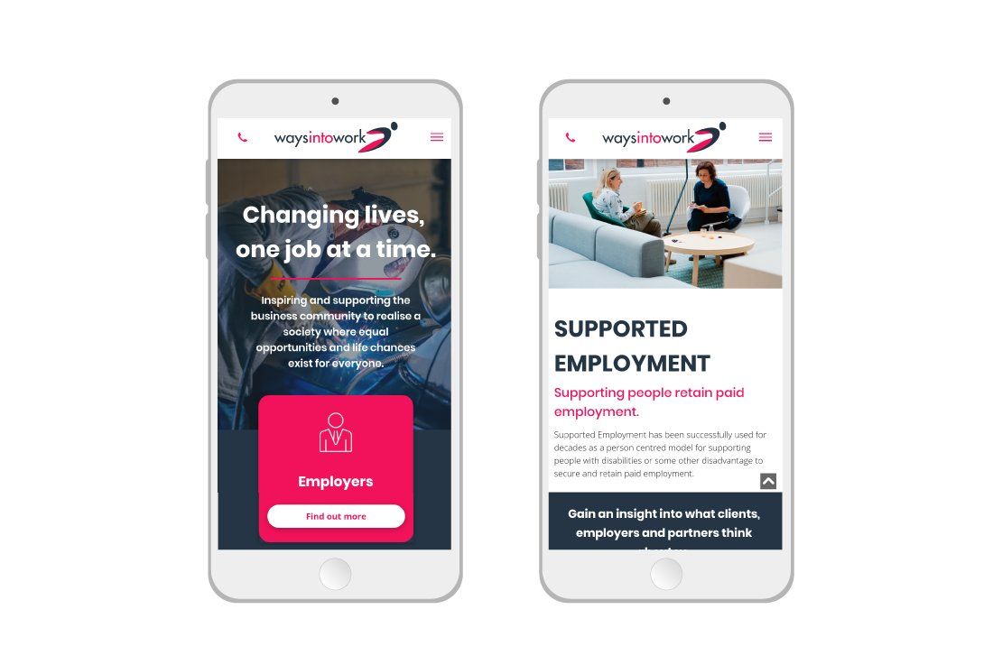 Two cell phones are displaying a website for supported employment.