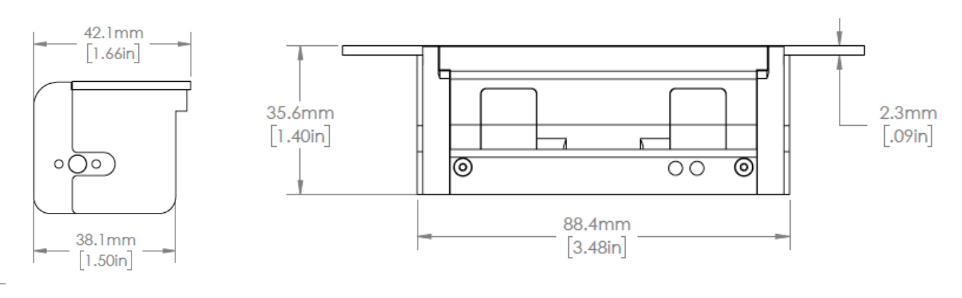 Diagram with dimensions of a rectangular electrical outlet box for installation. Shows side and front views.