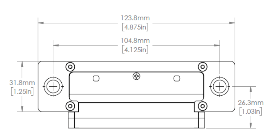 Diagram of a rectangular metal component with labeled dimensions in millimeters and inches, and screw holes.