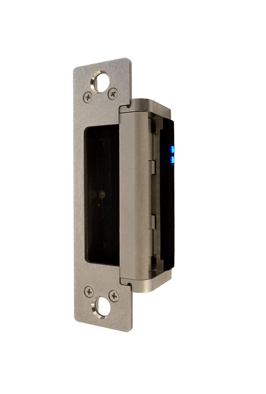 Electric door strike, silver metal, mounted on a door frame.