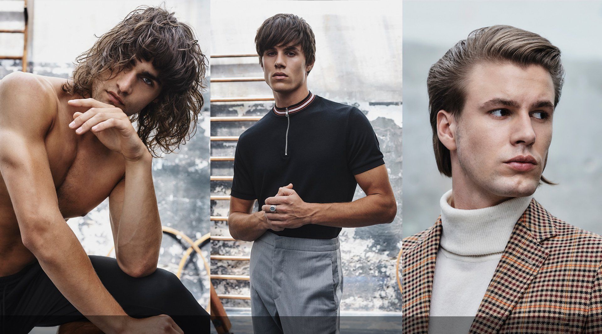 Tres hombres: sin camisa, con pelo largo, camisa oscura y pantalón gris, blazer y cuello alto, al aire libre.