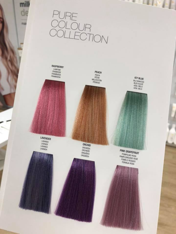 Muestras de color de cabello en rosa, naranja, verde, azul, violeta y malva, etiquetadas como