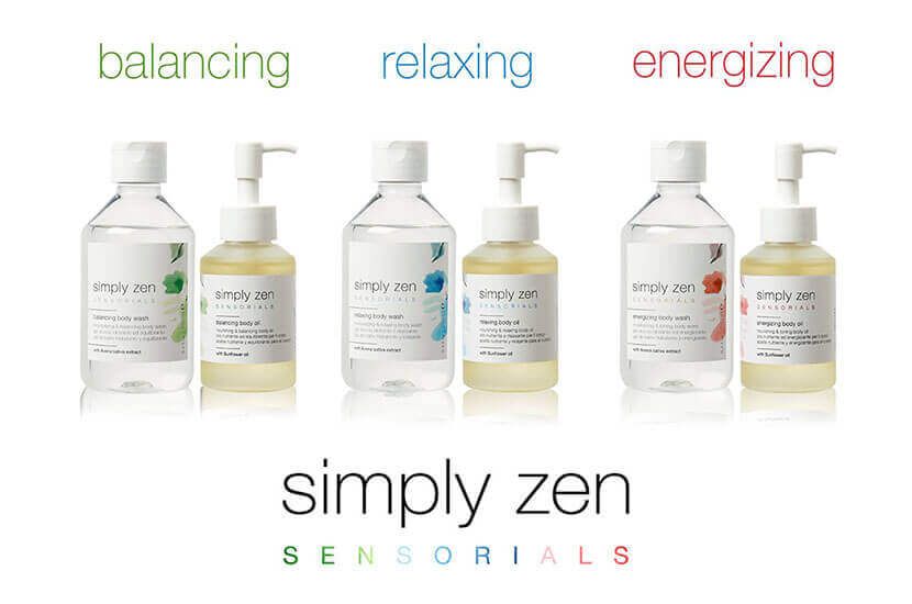 Línea de productos Simply Zen Sensorials: seis botellas de jabón, etiquetadas