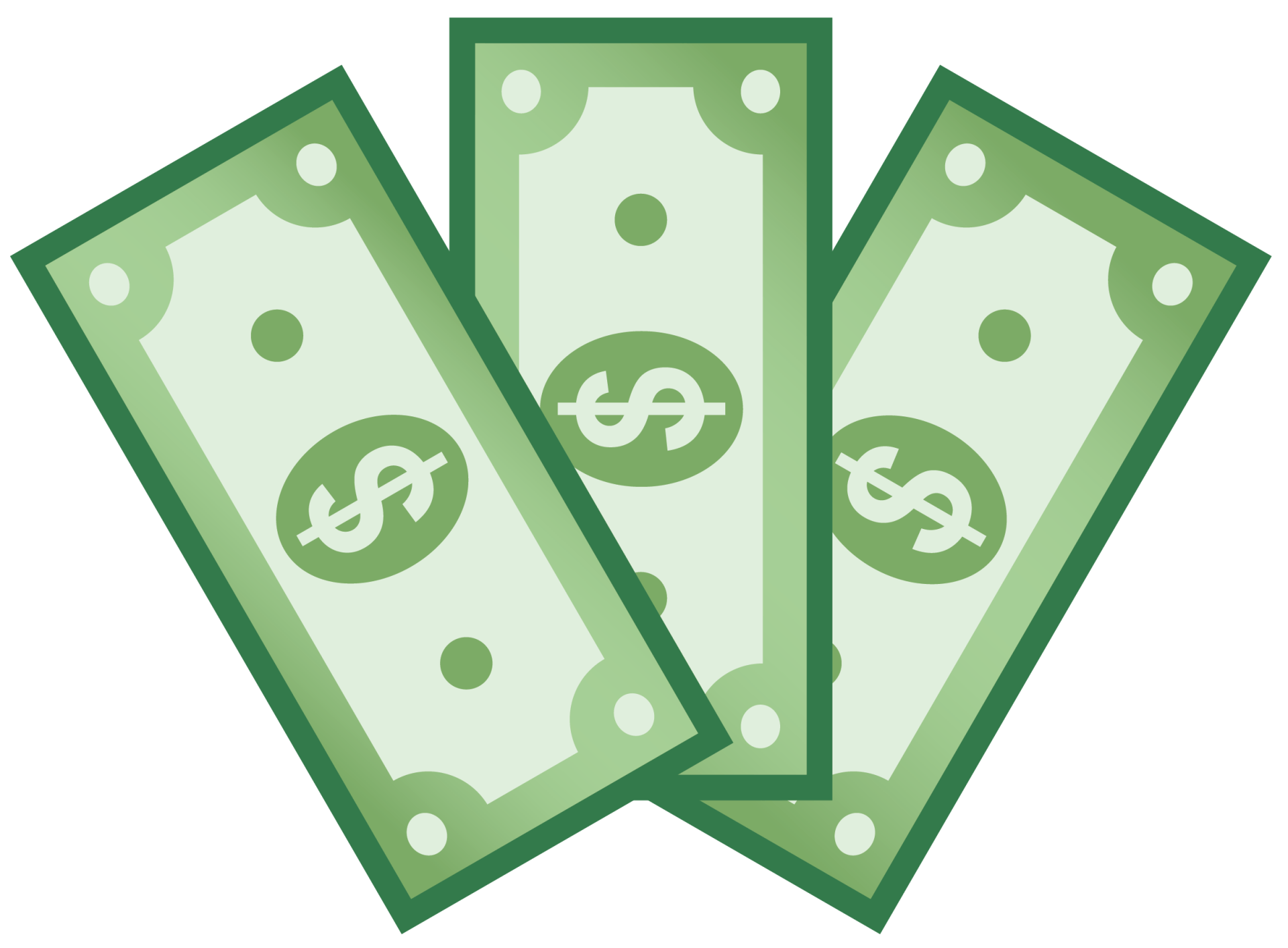 Three green dollar bills fanned out on a white background