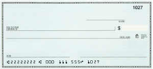 Blank paper check with routing and account numbers, amount line, and check number 1027