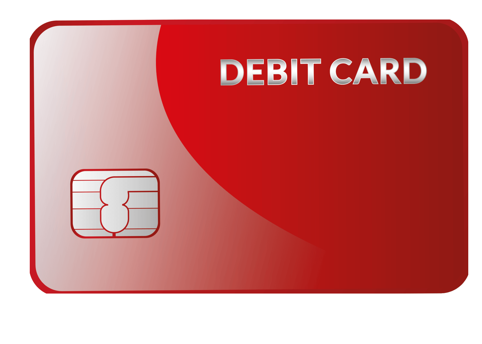 Red debit card with chip and white “DEBIT CARD” text on a red gradient background