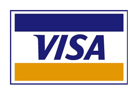 Visa logo with blue text on a white background and a blue and gold border