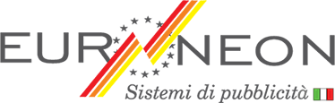 EURONEON srl Logo EUR NEON con strisce diagonali rosse, arancioni e gialle, un anello di stelle e testo in italiano.