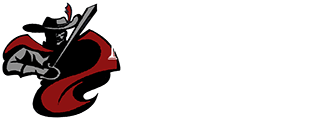A graphic of a masked musketeer figure in a black hat with a red plume, wearing a red cloak and holding a sword.