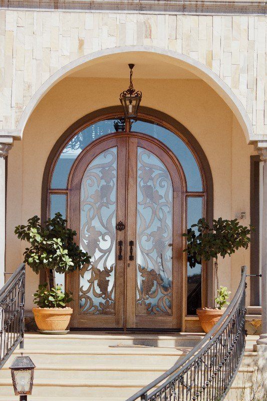 Grapedoor Custom made glass door with decorative wood carving El Villa design