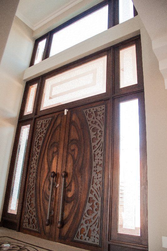 Grapedoor Custom Made Wooden Door with Decorative Steel and Glass Side Lights