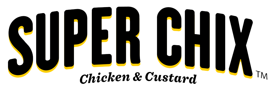 Super Chix logo, black text on a yellow shadow, 