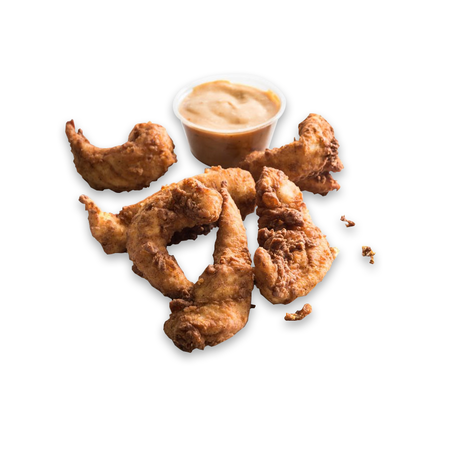 Fried chicken tenders with dipping sauce.