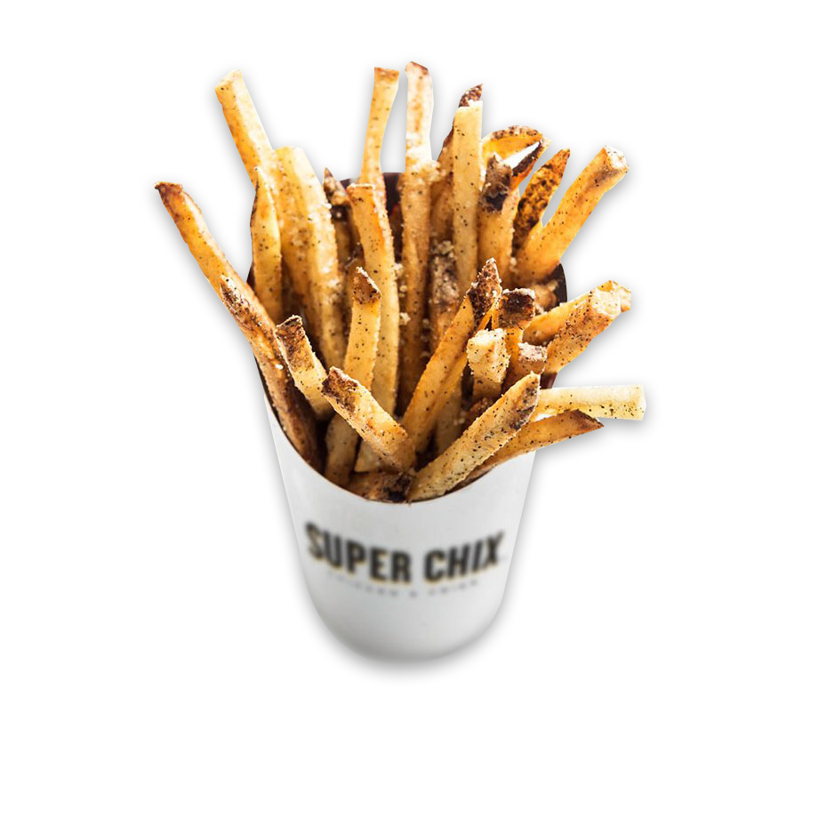 Super Chix seasoned french fries in a branded white container.