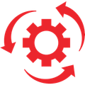 Red gear with three curved arrows, symbolizing process or workflow.