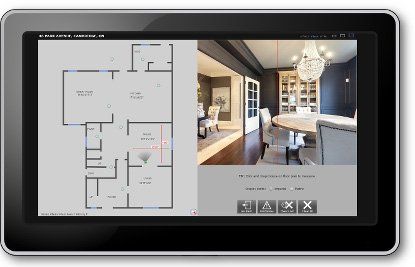 Tablet displays a floor plan with a linked photo of a dining room.