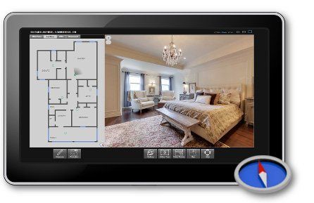 Tablet displaying a floor plan and interior bedroom view, with a Safari icon.