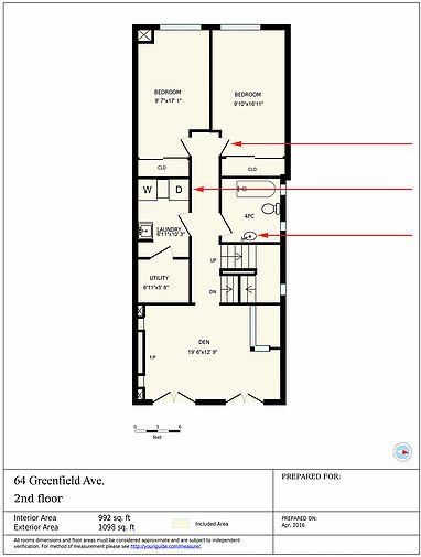 Floor plan of a second-floor layout for 66 Greenfield Ave. showing bedrooms, bathroom, stairs, and living spaces.