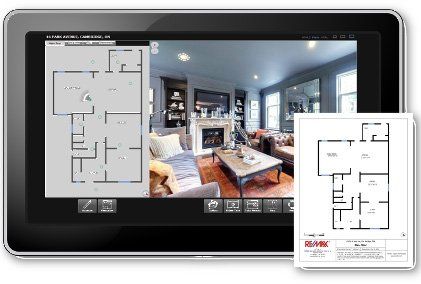 Tablet displaying a virtual home tour with floor plans.