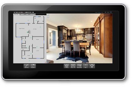 Tablet displaying a kitchen interior and a floor plan.