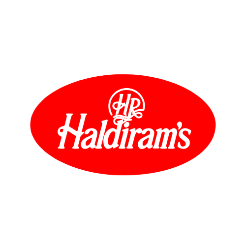 A red oval logo for haldiram 's on a white background