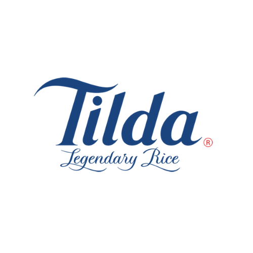 The tilda legendary rice logo is blue and white on a white background.