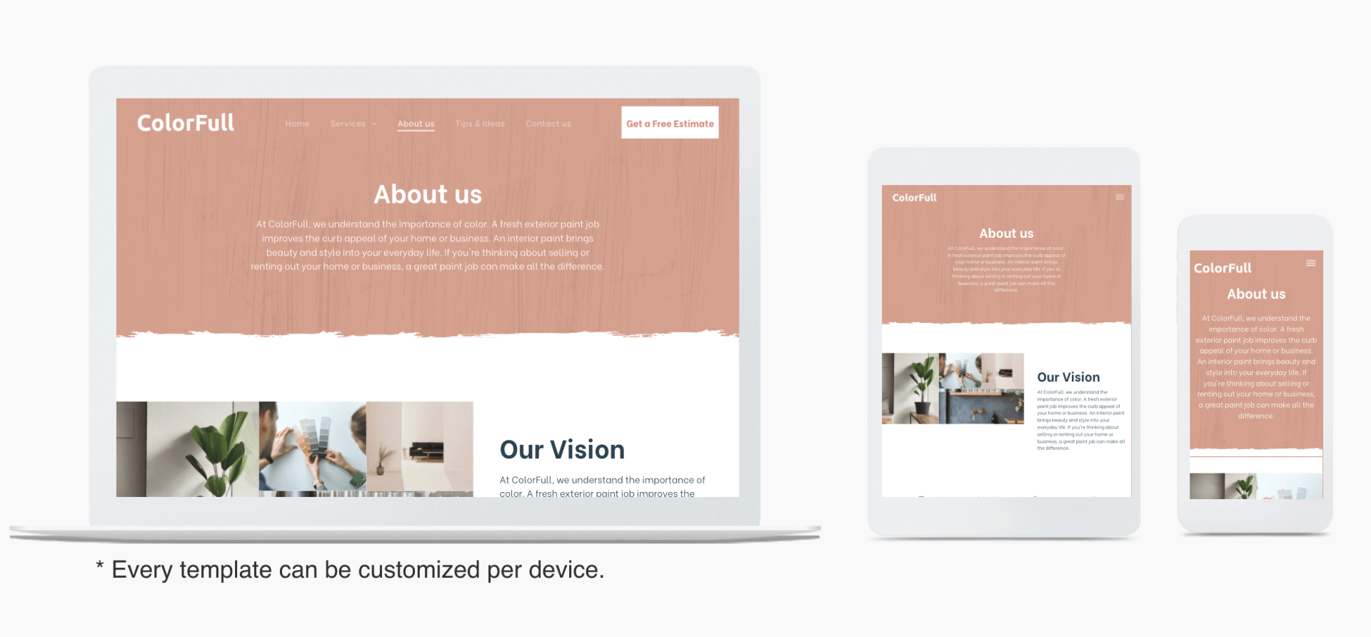 A website displayed on a laptop, tablet, and cell phone. It's the About Us page of a painter website