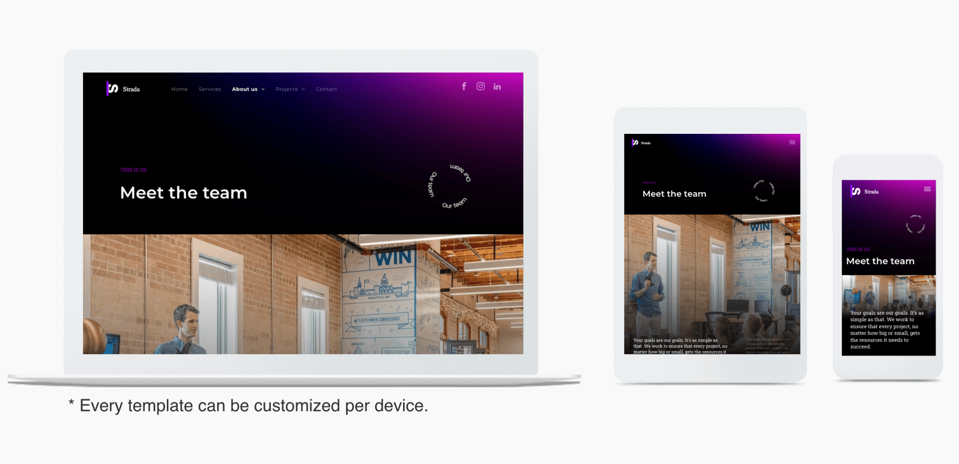 A website displayed on a laptop, tablet, and cell phone. It's the About Us page of a digital agency website