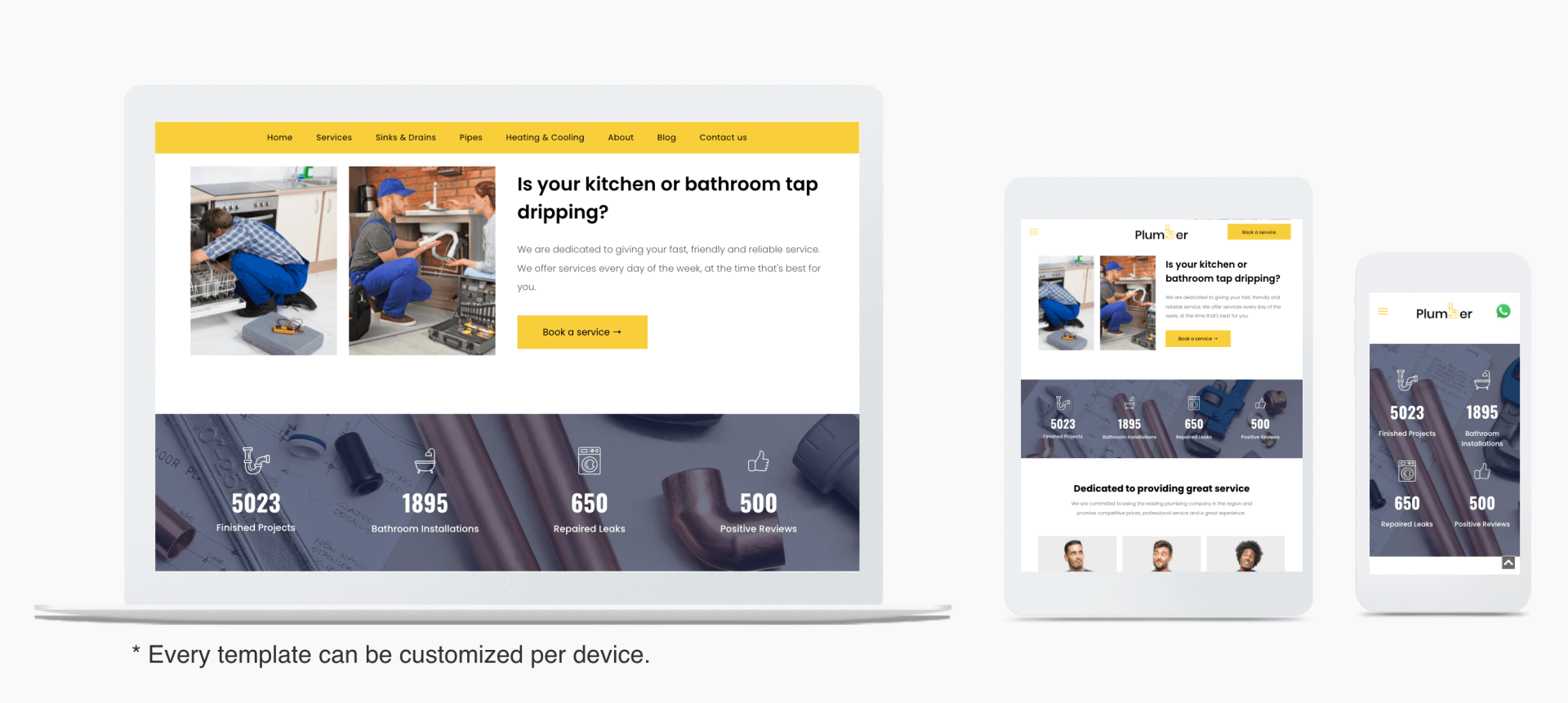 A website displayed on a laptop, tablet, and cell phone. It's the About Us page of a plumber website