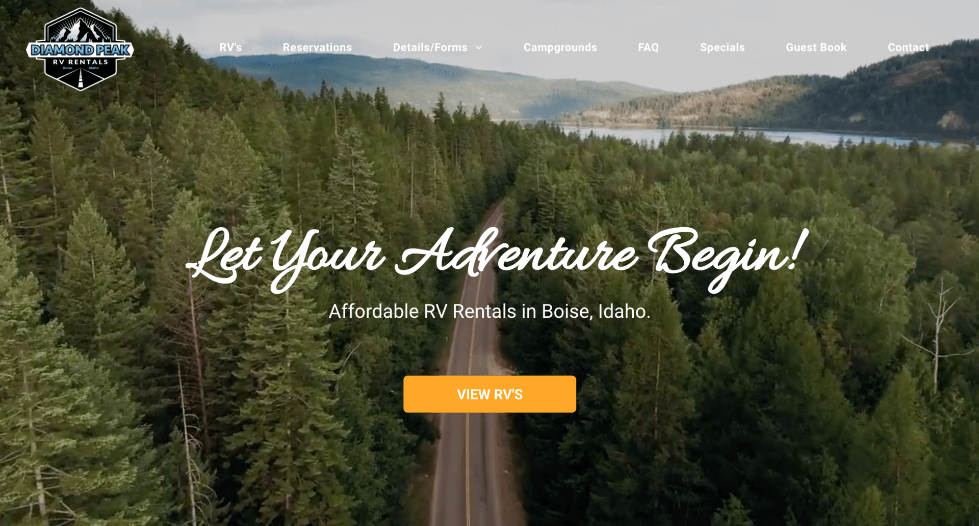 Screenshot of the homepage of Diamond Peak RV Rentals