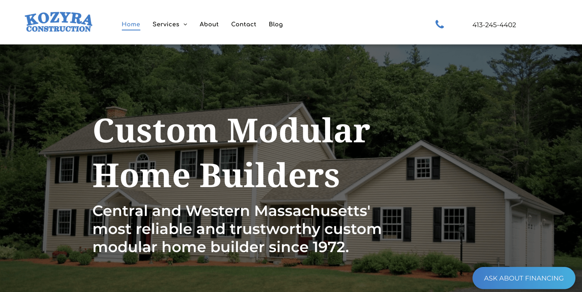Screenshot of the homepage of Kozyra Construction website