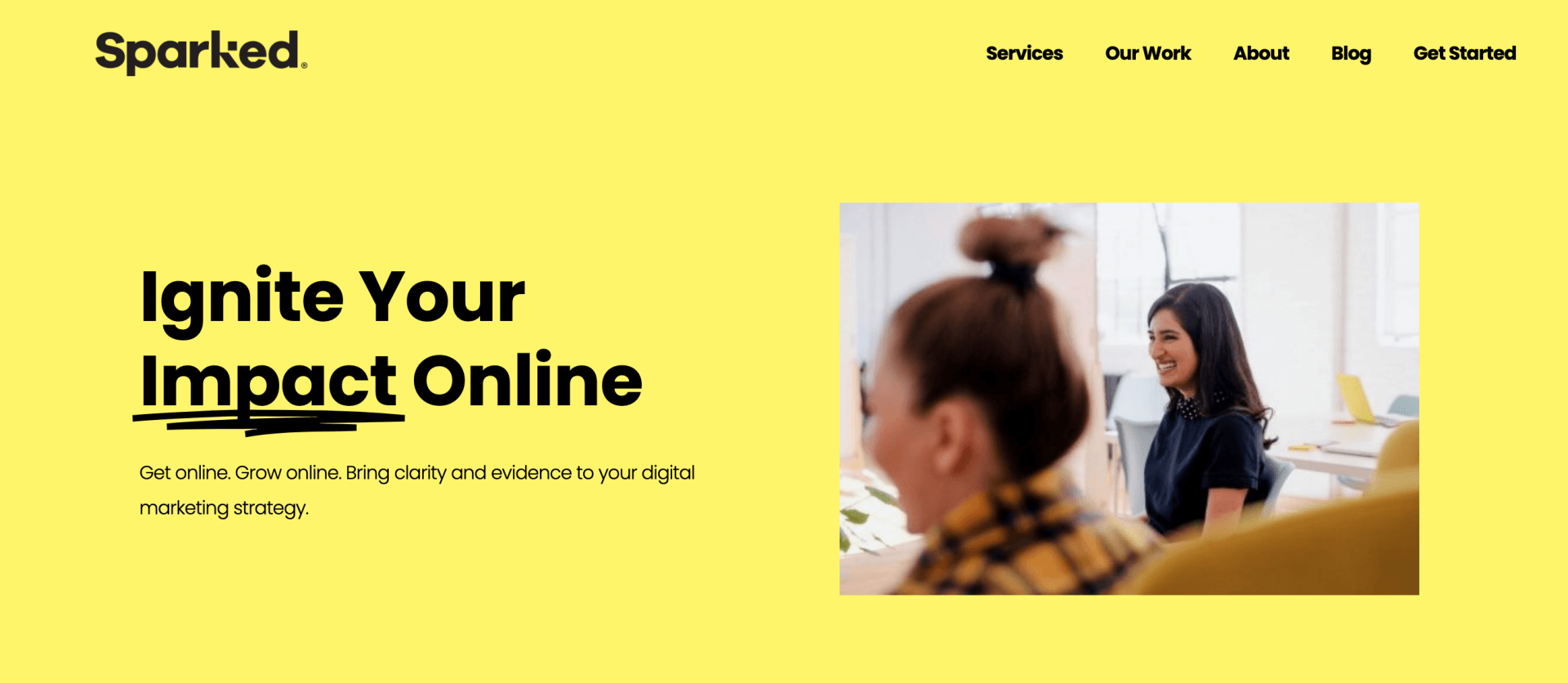 A screenshot of the Sparked website, which offers services to help businesses grow their online presence.