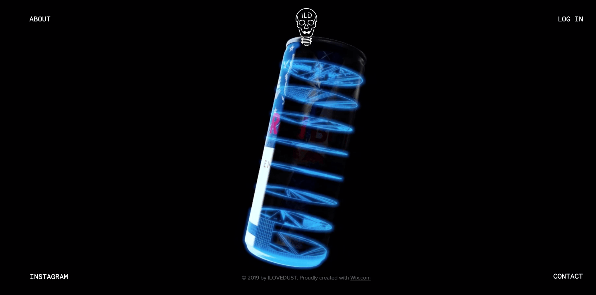 A website page displaying a bottle with a skull on top, glowing on a black background.