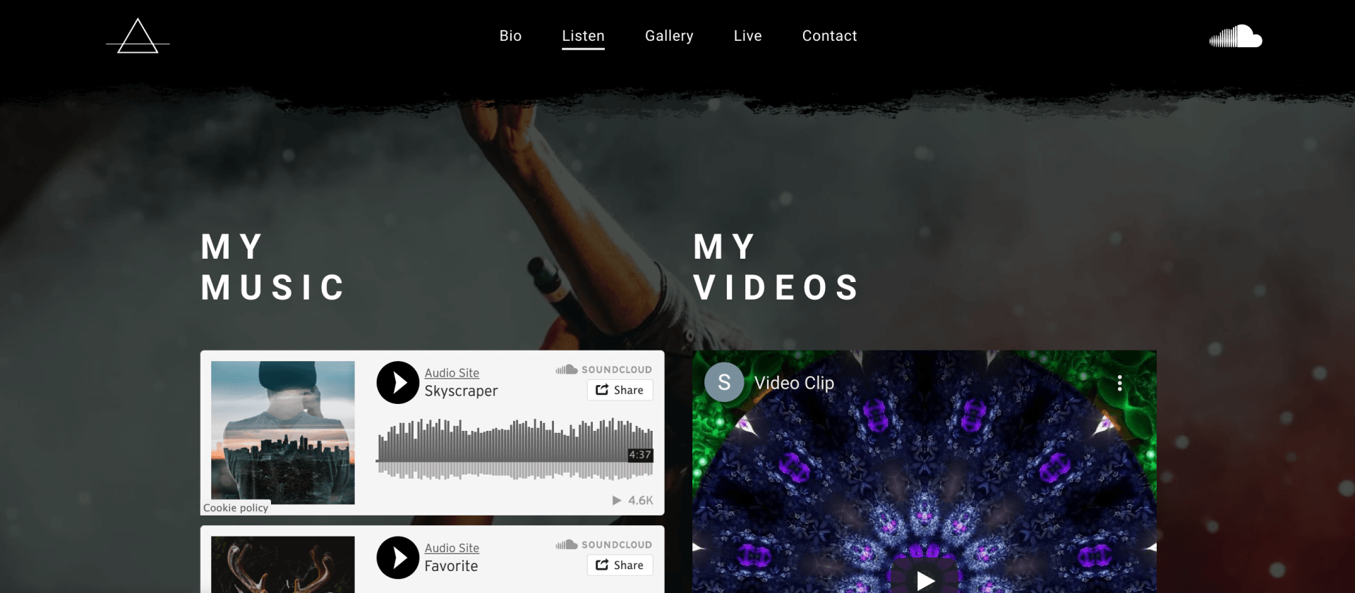 A screenshot of a band website with a sticky menu
