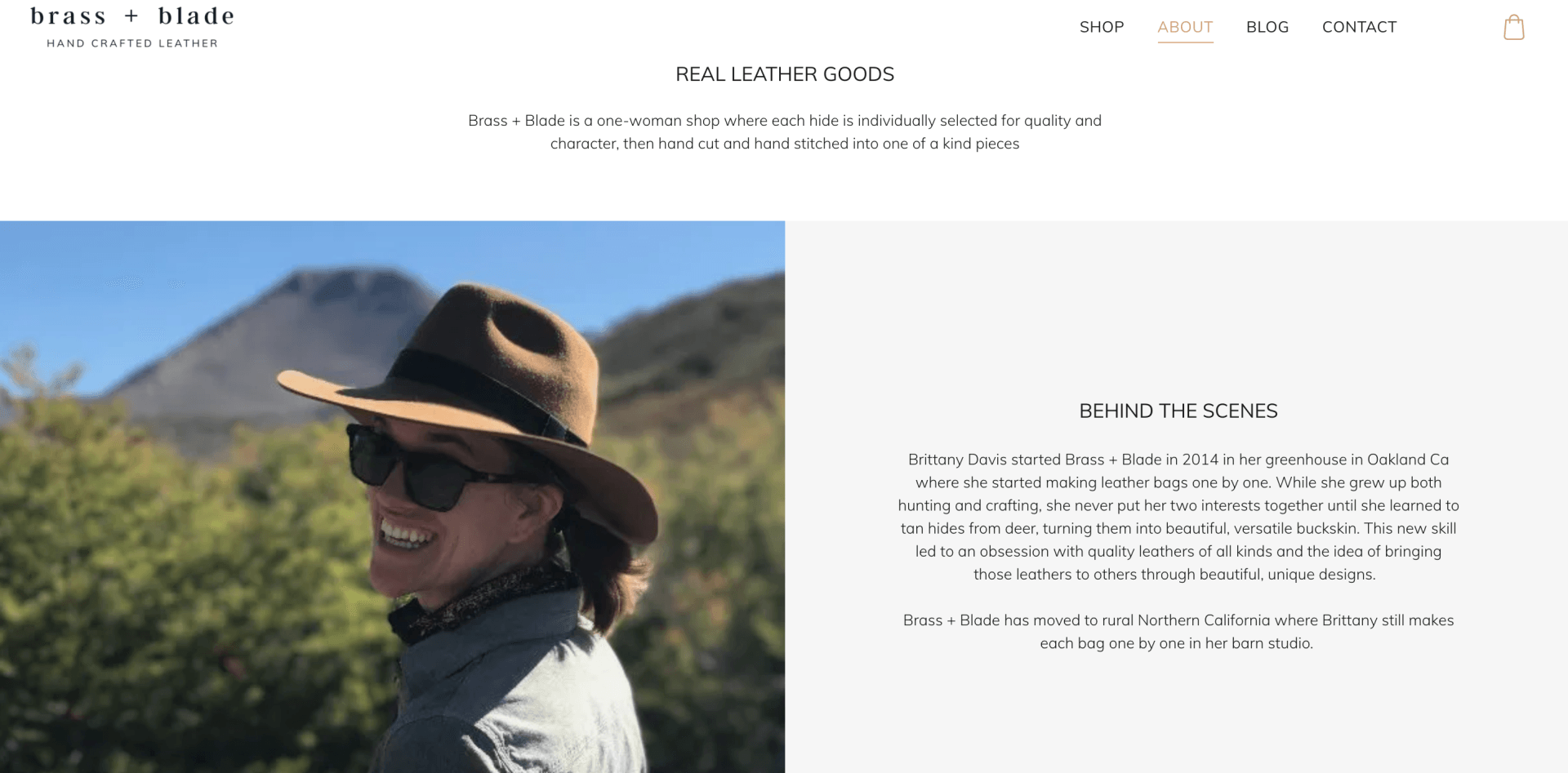 About Us page of the company Brass + Blade Leather Goods