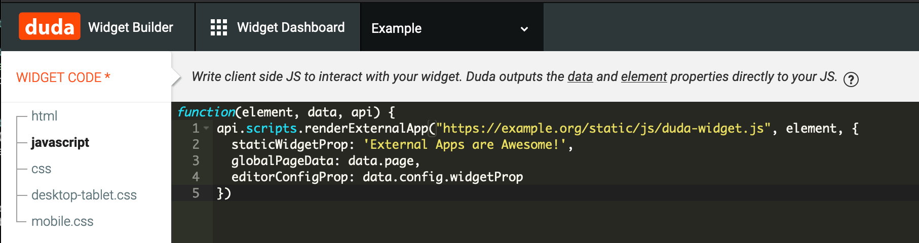 Example passing configuration data to the external application.
